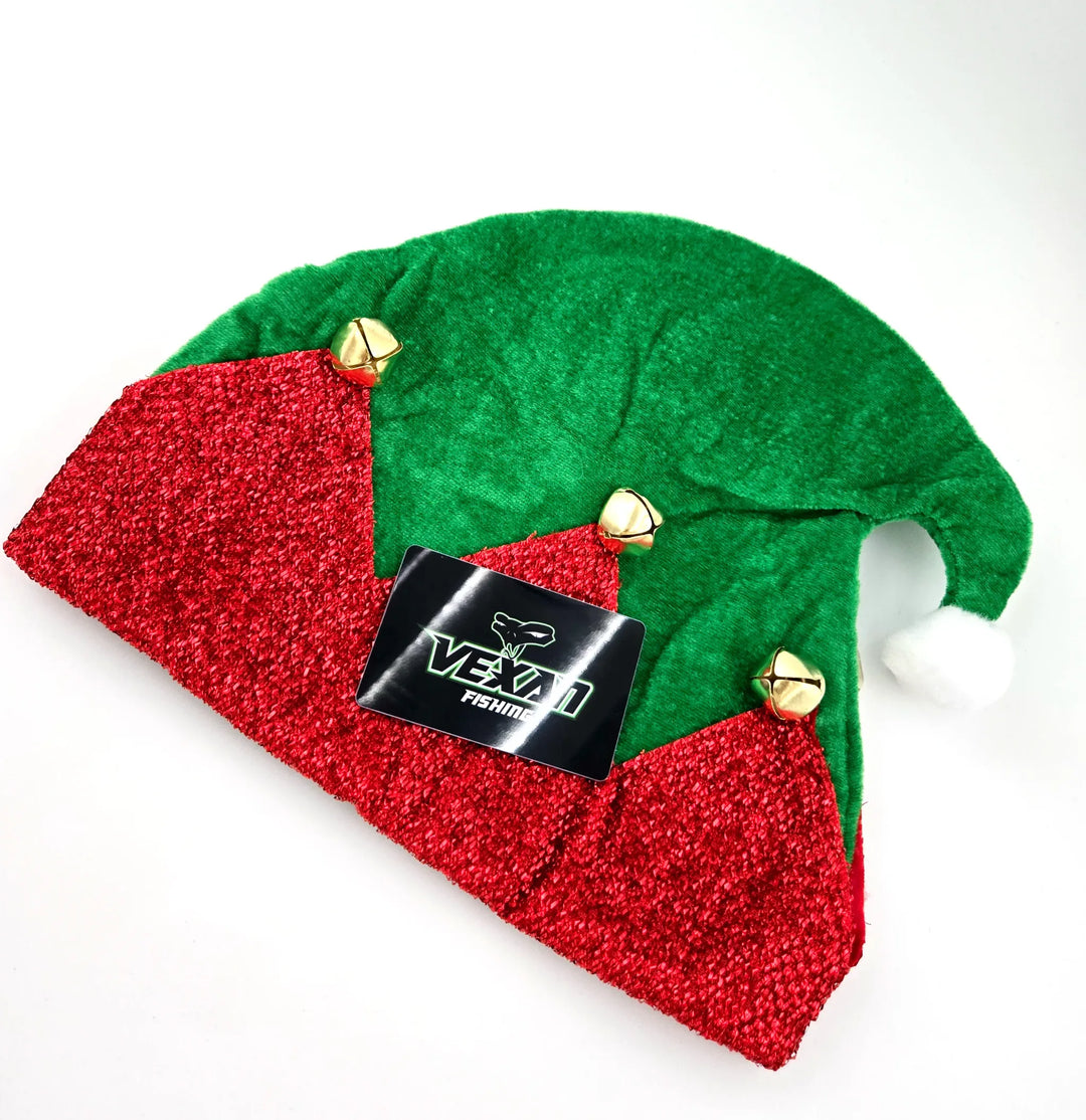 Green and red glittery elf hat with gold bells on a white background