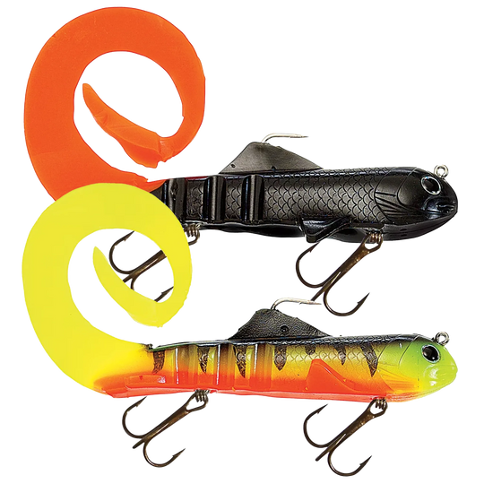Vexan Fishing Reg SuperD Musky Swimbaits Two fishing lures with a brand logo on a white background