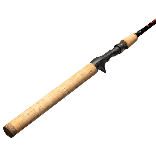 VEXAN® Walleye Fishing rod with wooden handle and black grip on a white background. Precision. Power. Performance. 