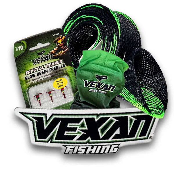 Vexat fishing treble hooks packaging with green and black trebles on a white background