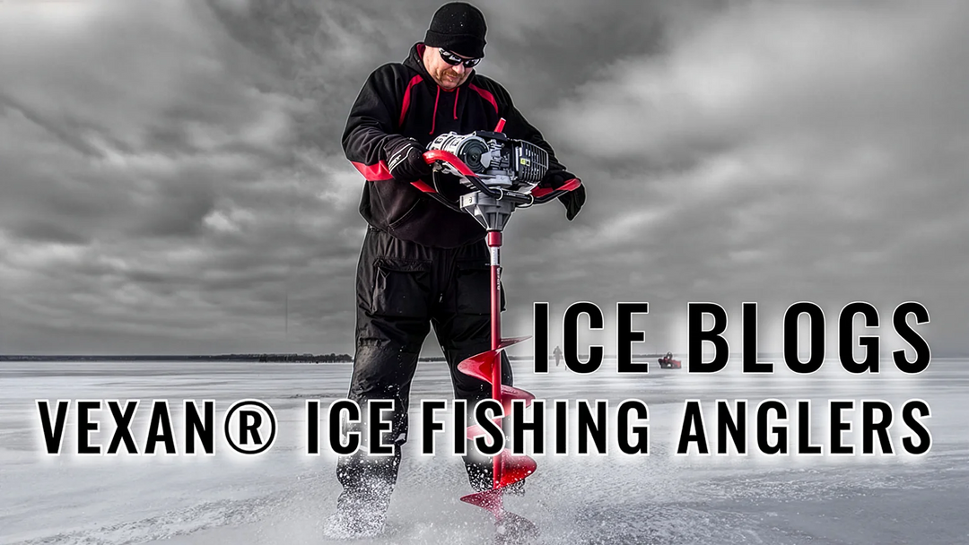 Person ice fishing with VEXAN equipment on a frozen lake, with text overlay about ice blogs and fishing anglers.