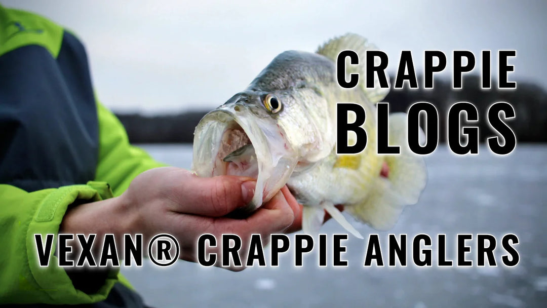 Person holding a fish with text overlay about crappie blogs and Vexan Crappie Anglers.
