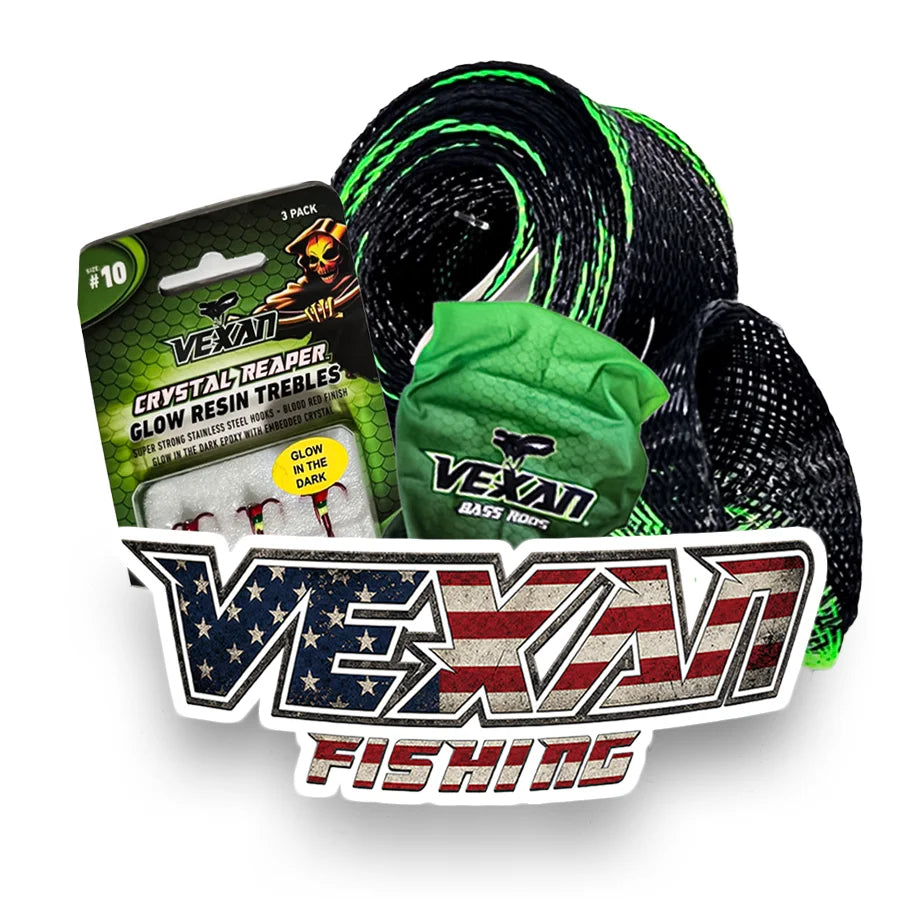 Vexat fishing treble hook packaging with green and black resin trebles on a white background