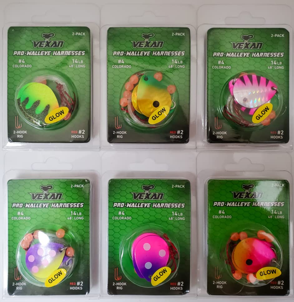 Vexan Six 2-Packs (12 Total) Glow Walleye Crawler Harnesses Variety Kit