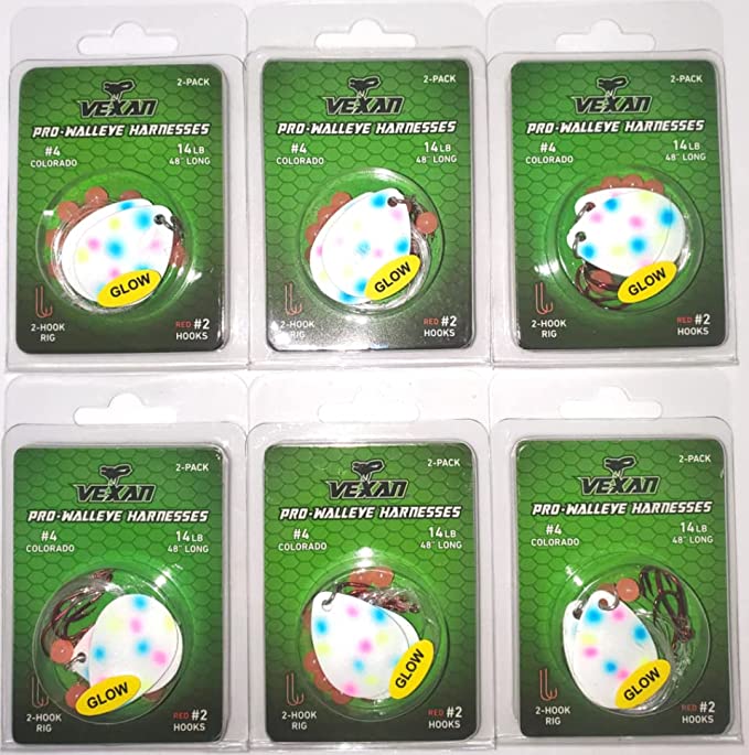 Vexan Six 2-Packs (12 Total) Glow Walleye Crawler Harnesses Variety Kit