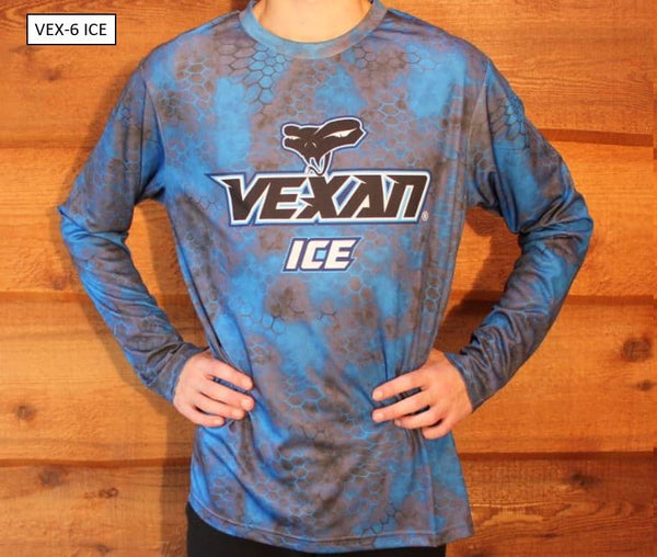 Vexan Ice Fishing Long Sleeve T-Shirt Blue Brown Scales Camo Pattern Extra Small