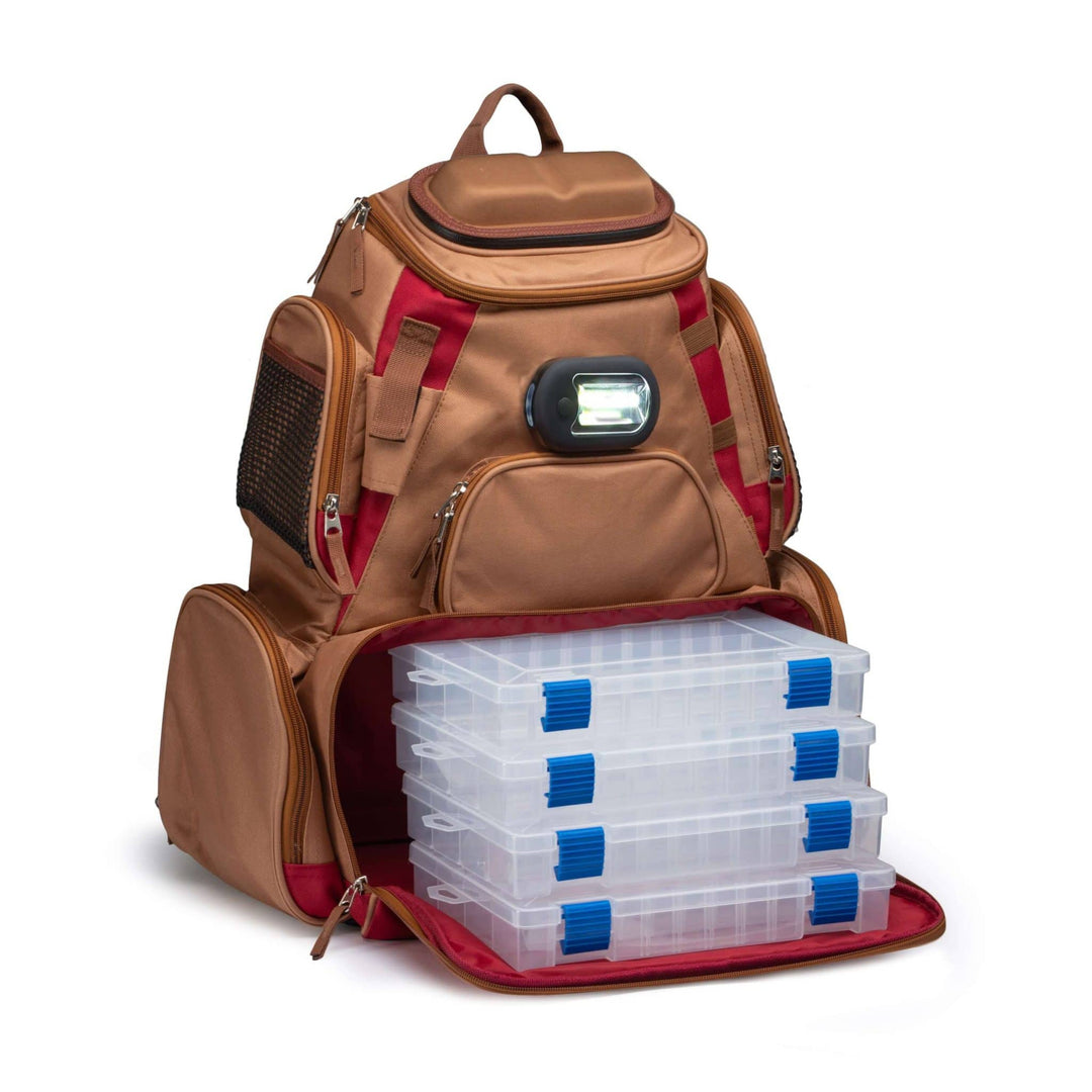 back pack tackle boxes VEXAN Fishing Backpack Tackle Box w/Removable LED Light Tan & Burgundy